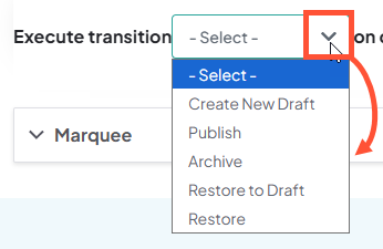 Screenshot of the Execute transition dropdown expanded to show all the transition options.
