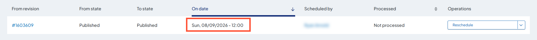 Screenshot of a rescheduled transition. The new date under 'On date' is highlighted.