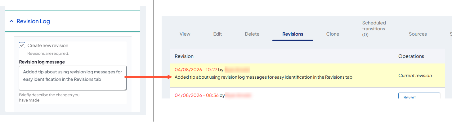 Side by side screenshots of a note placed in the Revision log message field, and the same note displaying on a revision in the Revisions tab.