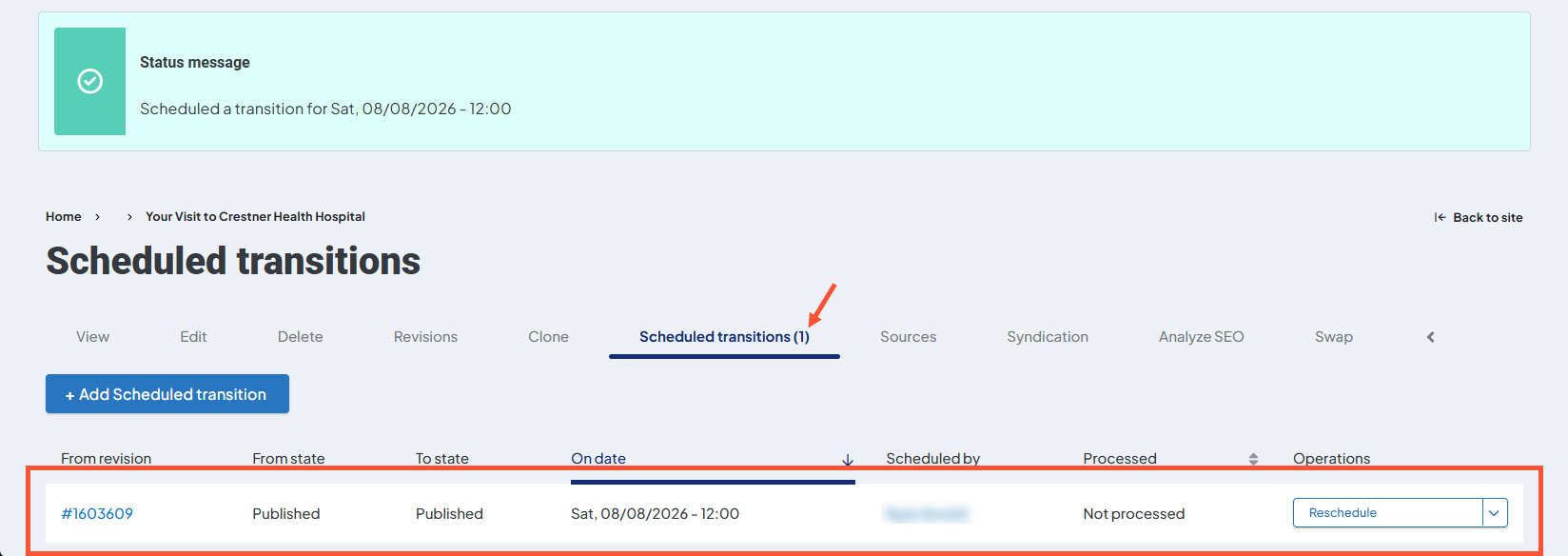 Screenshot of a sample Scheduled transitions tab with 1 transition scheduled. The label reads 'Scheduled transitions (1), and the transition is highlighted in the list.