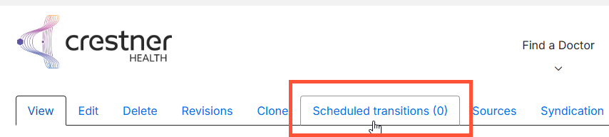 Screenshot of the tabs on a sample content with the 'Scheduled transitions' tab highlighted.