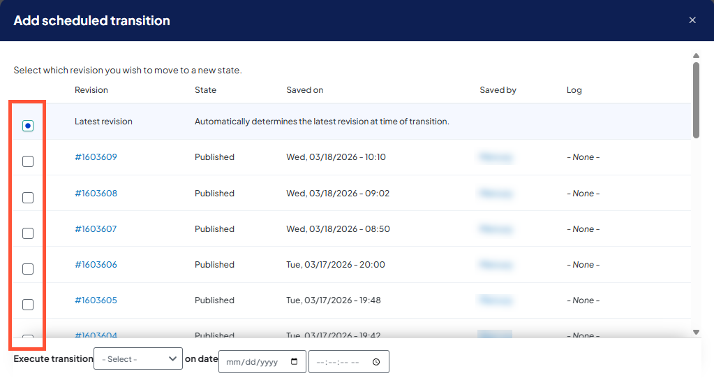 Screenshot of the 'Add scheduled transition' modal displaying several revisions. The selection boxes next to each revision are highlighted.