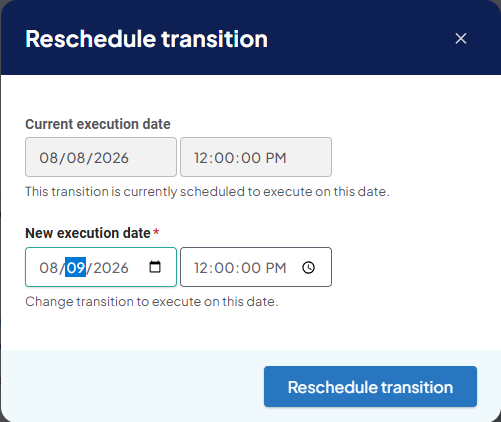 Screenshot of the Reschedule transition screen showing a new date being entered.