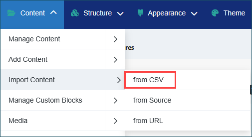 Screenshot of the DXE Toolbar with the Content option expanded. Import Content is selected in the submenu, and the 'from CSV' option is highlighted.