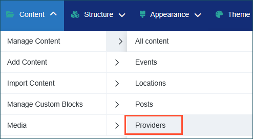 Screenshot of the DXE Toolbar with the Content menu expanded. The Manage Content submenu is expanded, and the Providers option is highlighted.