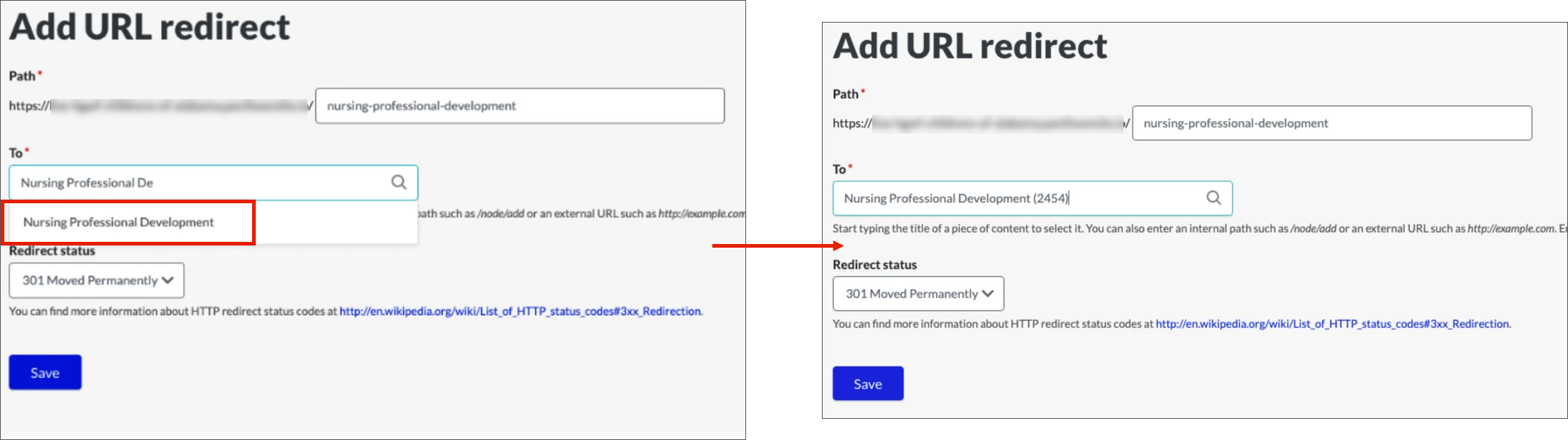 Adjacent screenshots: the screenshot on the left shows a partial article title entered in the To field and the full article name displayed in an autocomplete selector. The right screenshot shows the article selected and showing the full title and node ID number.