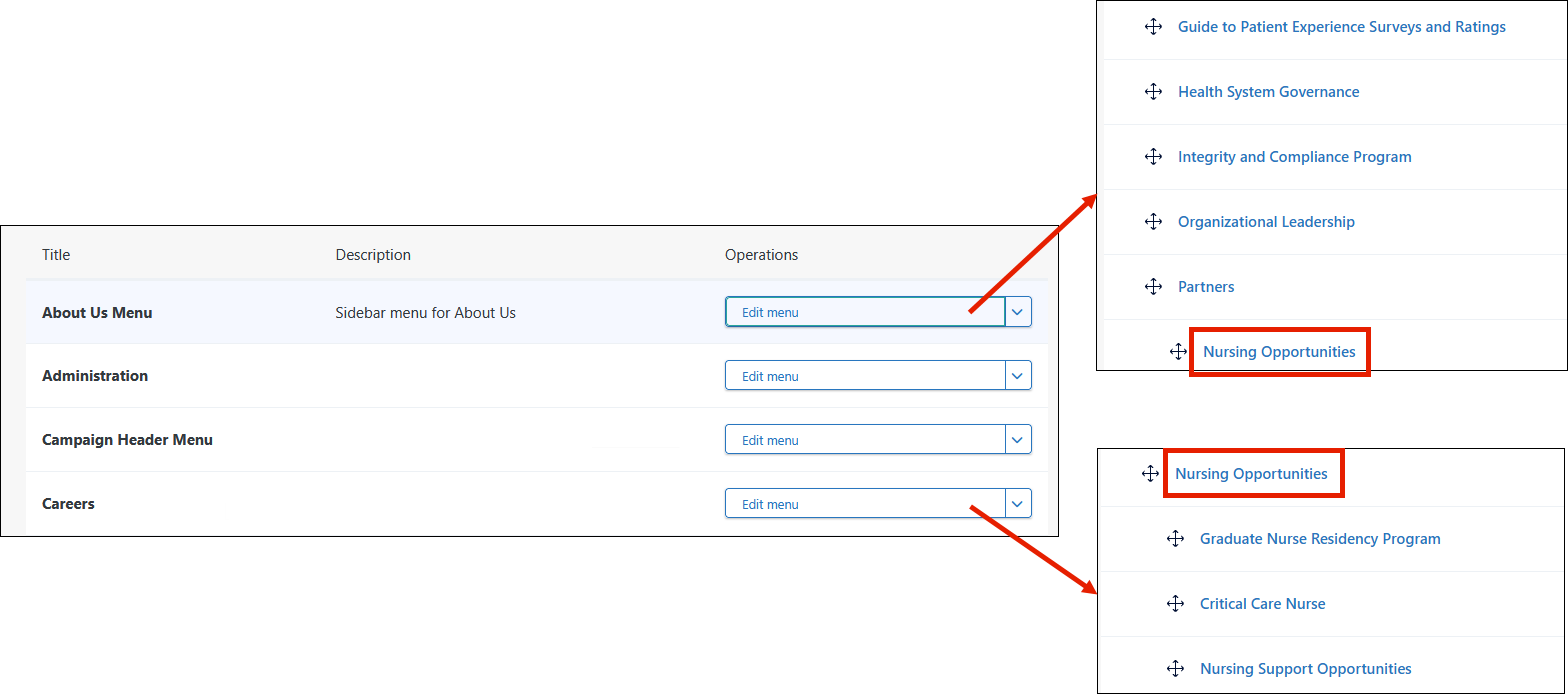 Screenshots of a sample menu list and links from each menu. There are 2 menus in the list that share the same link. There are arrows indicating which menus show each link. 