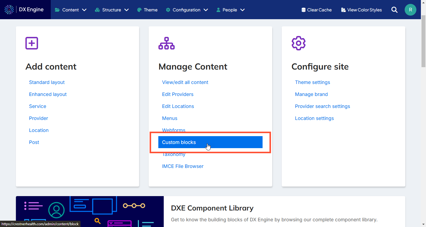 Screenshot of DXE dashboard with Custom blocks link highlighted