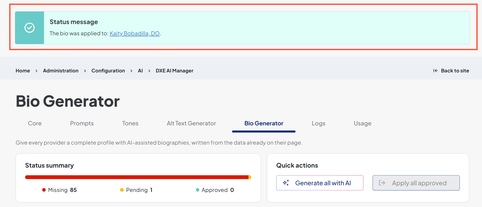Bio generator status messages