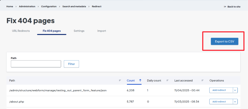 Fix 404 pages export to CSV