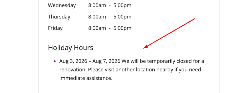Holiday and temp hours for location pages