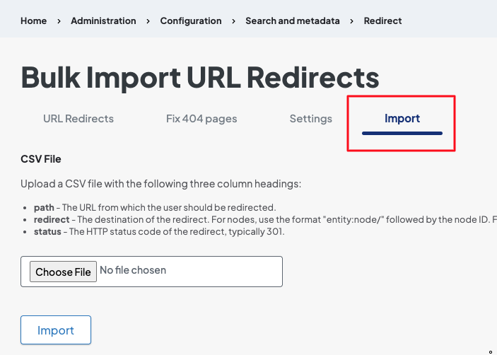 Bulk import URL redirects
