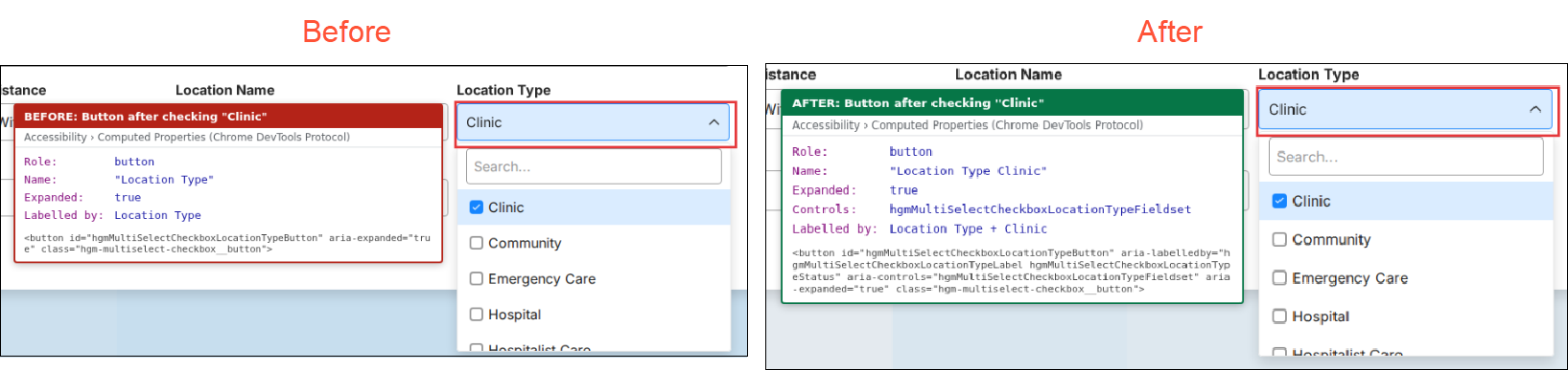 Missing accessibility labels on Location filter dropdowns