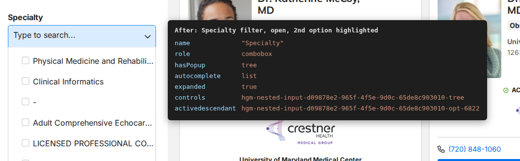 Nested filter dropdown accessibility on Provider Search