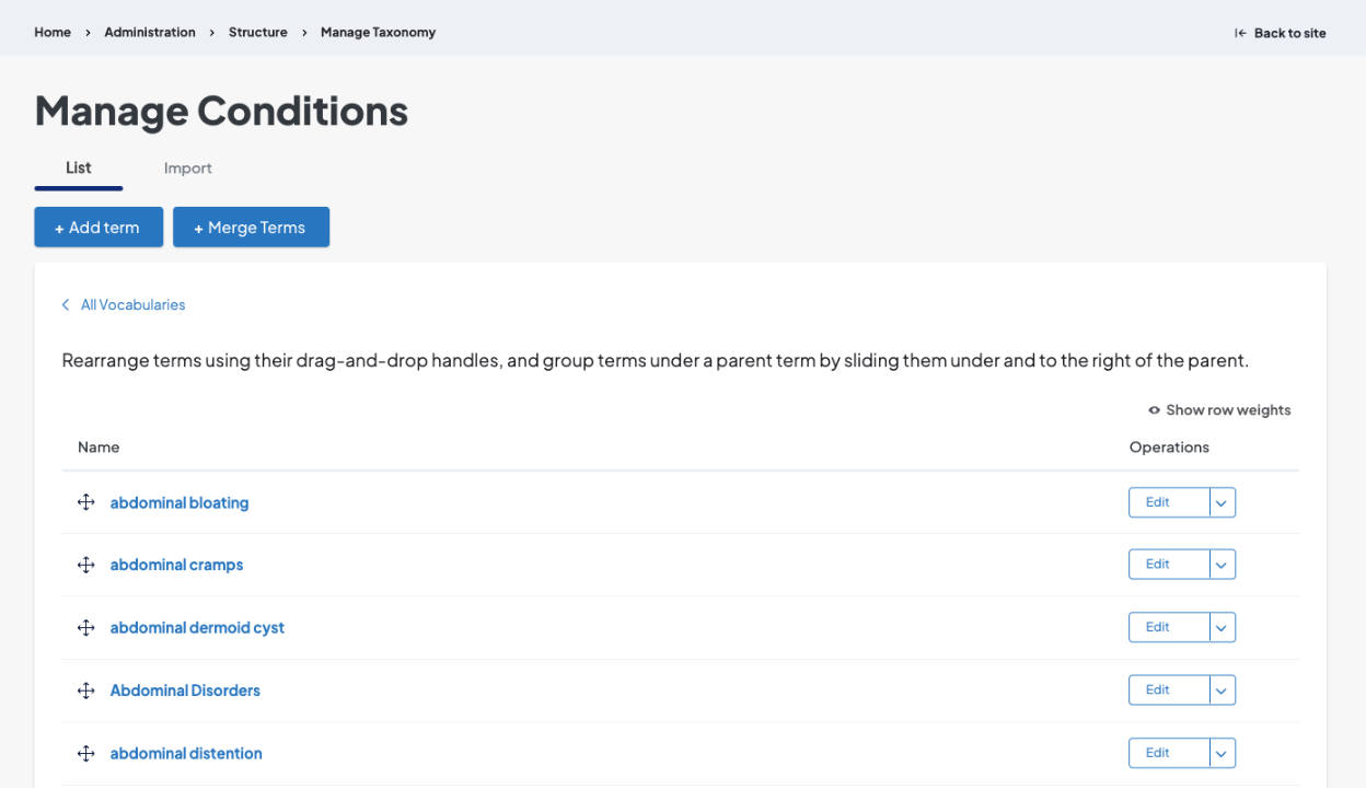 Screenshot of the Manage taxonomy page of the Conditions taxonomy