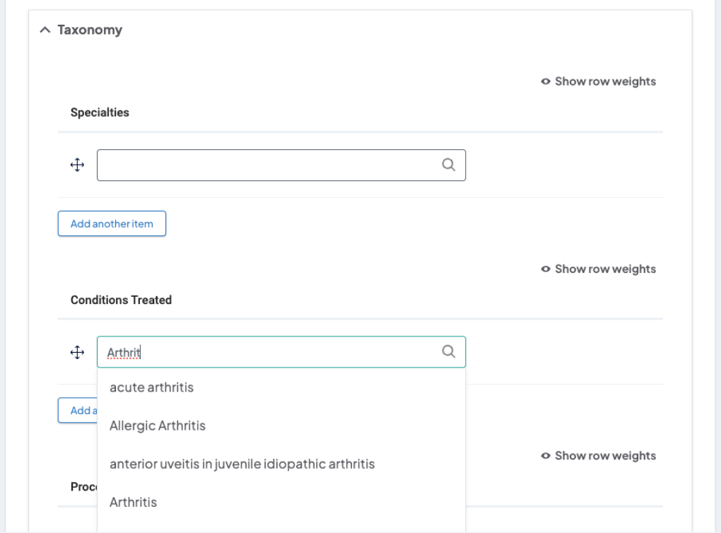 Screenshot displaying entering a term under a 'Conditions Treated' taxonomy section on a Services page