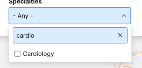 Screenshot showing the word 'cardio' entered into a Specialties keyword search and the 'Cardiology' result displayed