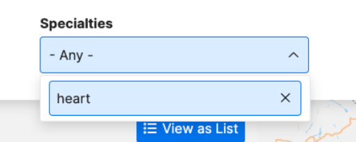 Screenshot showing the word 'heart' entered into a Specialties keyword search, and no results displayed